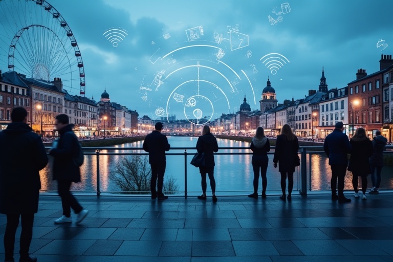 Dublin city skyline at dusk showing wireless connectivity. People standing at the waterfront. Technology symbols display above the city. City lights reflecting on the water.