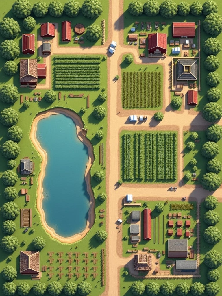 Detailed layout of a farm showing various sections and areas. The image includes a pond, crop plots, dairy unit, and pathways. Each section represents different agricultural activities clearly.