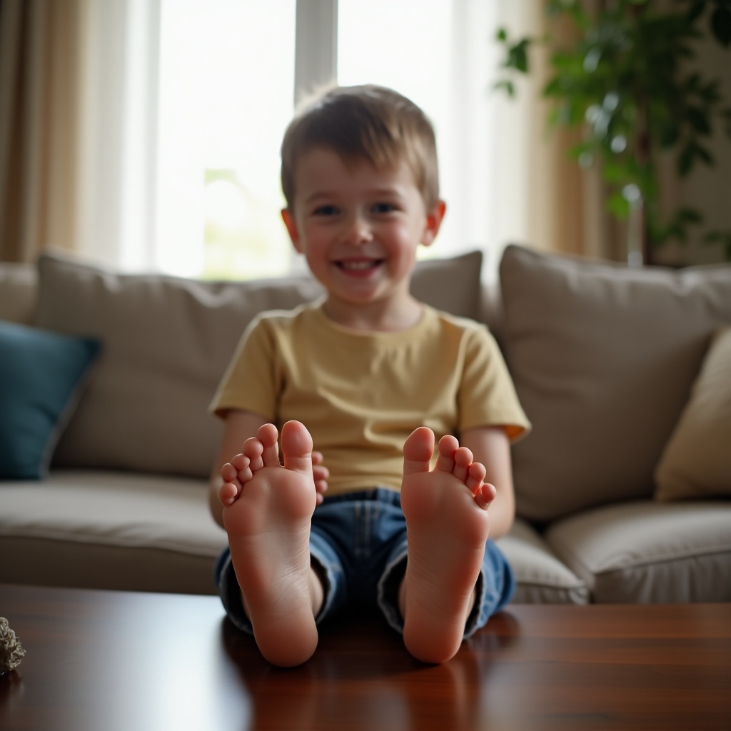 A boy puts his bare feet up on a coffee table in a living room. He is smiling and sitting comfortably on a couch. Sunlight is coming through the window.