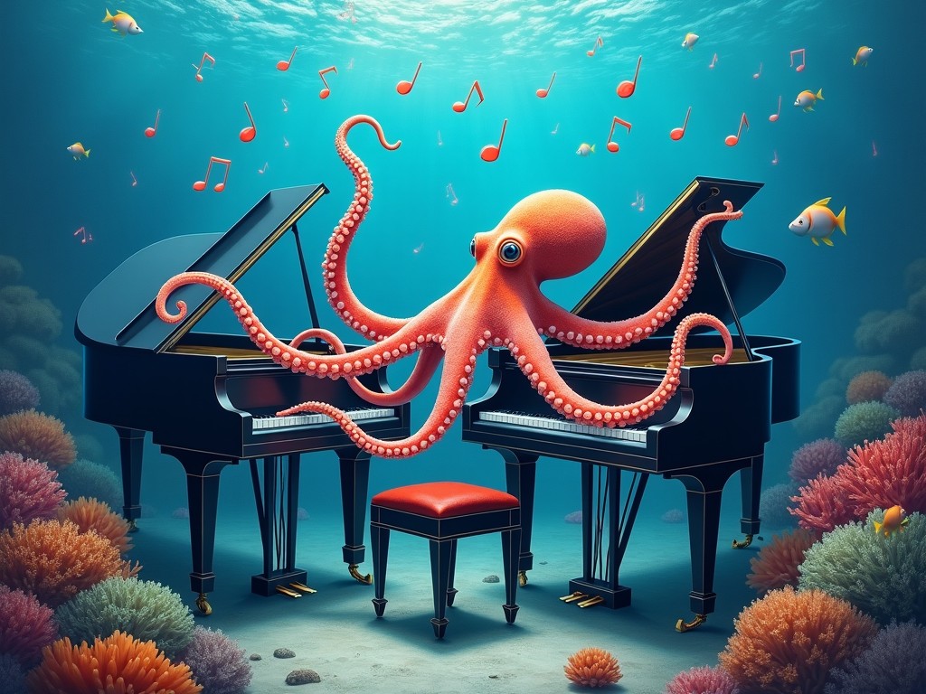 An imaginative scene depicting an octopus playing two grand pianos. The underwater environment is filled with colorful coral and fish swimming around. Musical notes are floating in the water, adding a whimsical feel to the image. The octopus has vibrant red and orange colors, and its arms spread across both pianos as it plays. The lighting creates a soft ambiance, highlighting the creativity of this underwater performance.