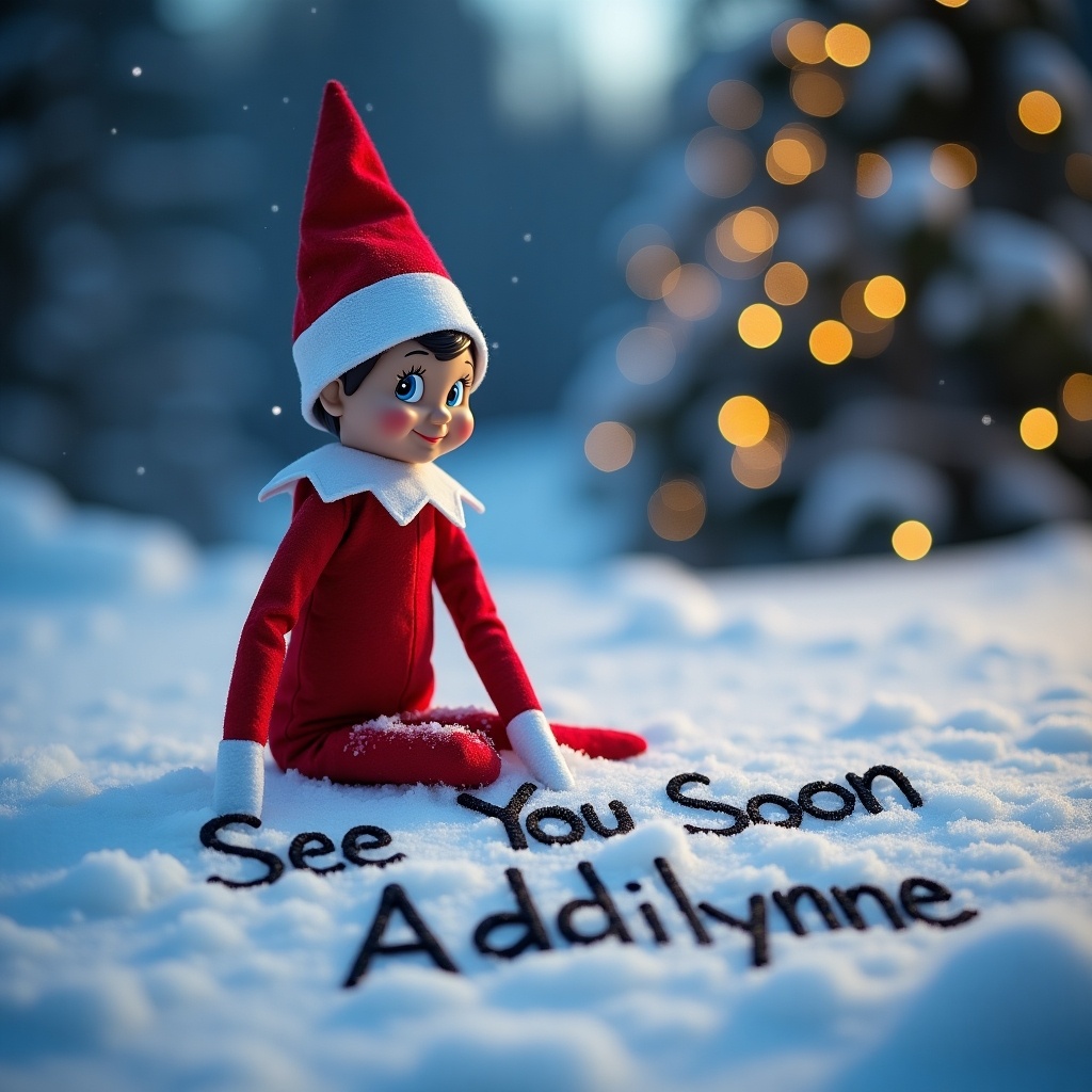 Elf on the Shelf writing in snow outside. Classic red outfit with white trim. Engaging smile. Northern lights visible in background. Tranquil winter scene filled with holiday charm.