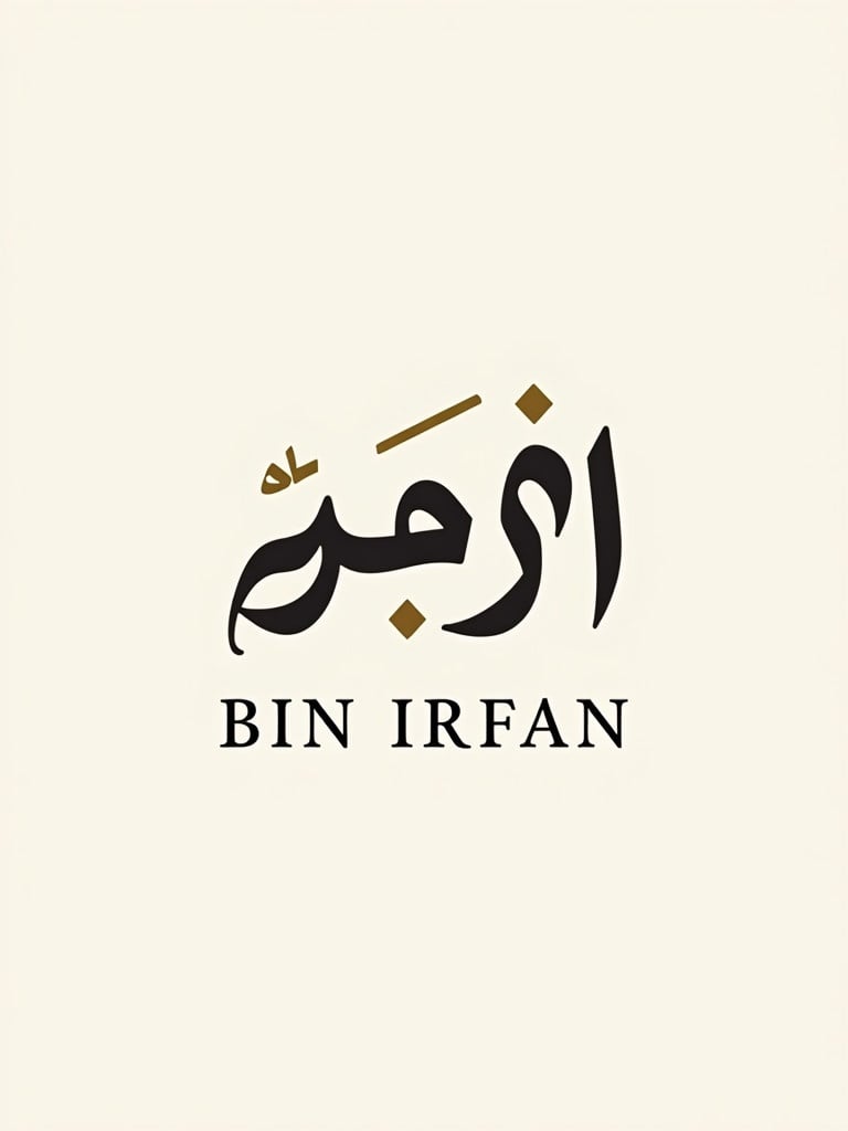 Design modern professional logo for business named 'بن عرفان' which sells premium quality curtains. Include elegant bold Urdu calligraphy stylized in contemporary classic style. Below calligraphy include English text 'BIN IRFAN' in clean modern font. Use minimalist luxurious color palette of gold and black. Ensure simple timeless versatile design for various uses.