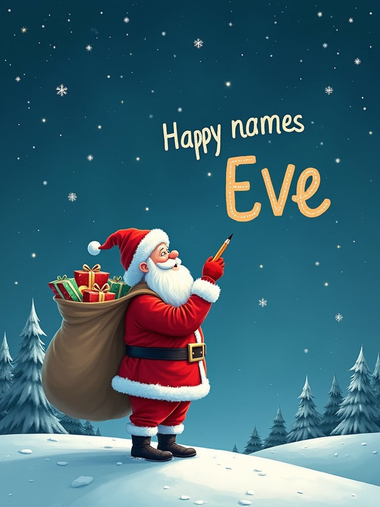 Santa Claus stands on a snowy hill. He is dressed in bright red and white. He writes names in the sky with a pencil. A large sack of gifts is on his back. 'Eve' is displayed in a whimsical font. A starry night sky surrounds him.