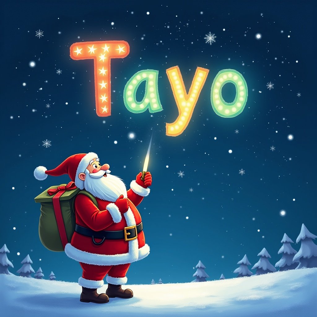 Christmas scene with Santa Claus writing Tayo in the sky. Santa holds a glowing pen. Snow covers the ground. Magical atmosphere with twinkling stars.