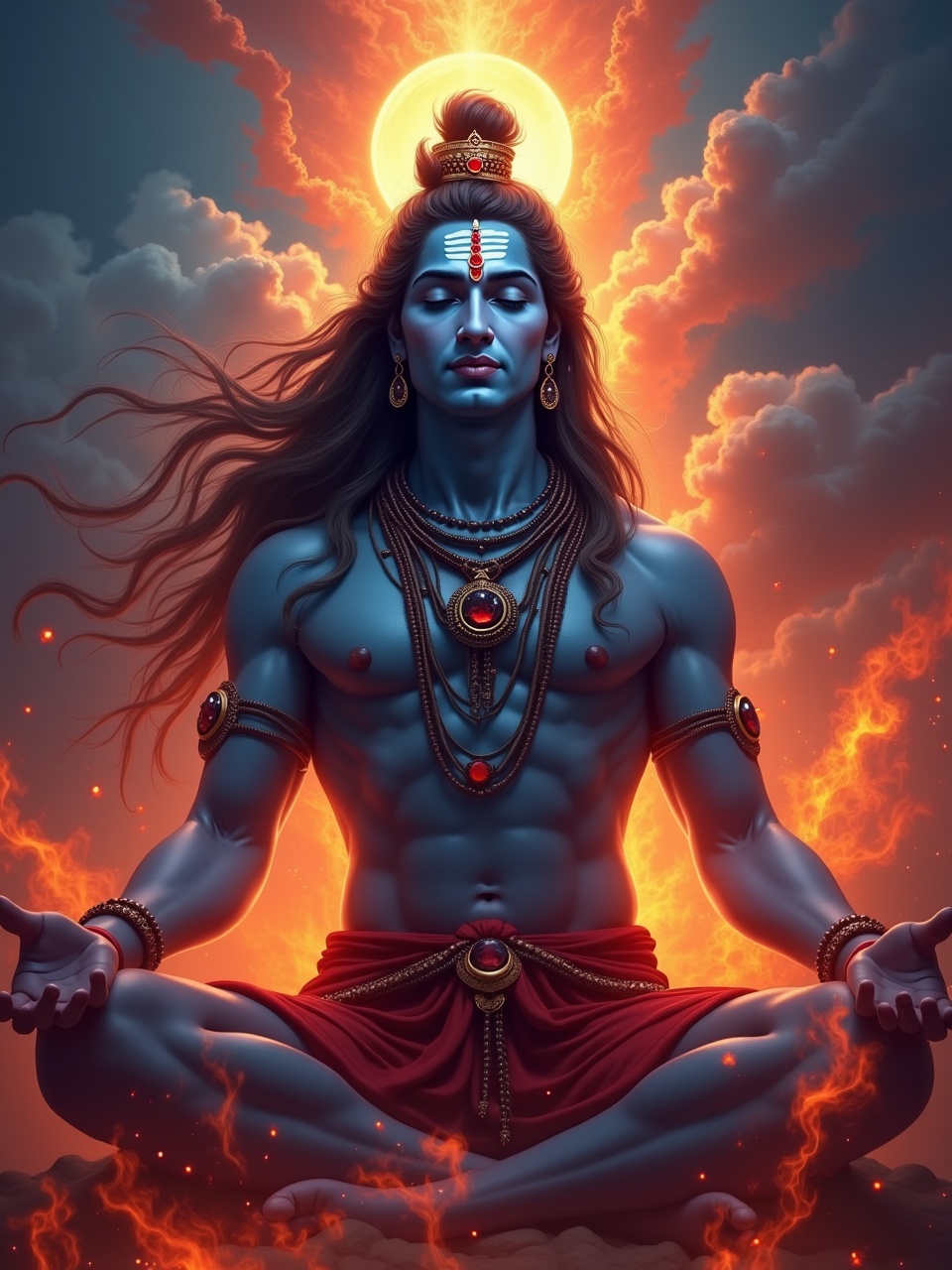 A digitally illustrated image of a meditative figure resembling a deity, adorned in traditional attire with a glowing aura, surrounded by clouds and fire-like elements, creating a divine and mystical atmosphere.