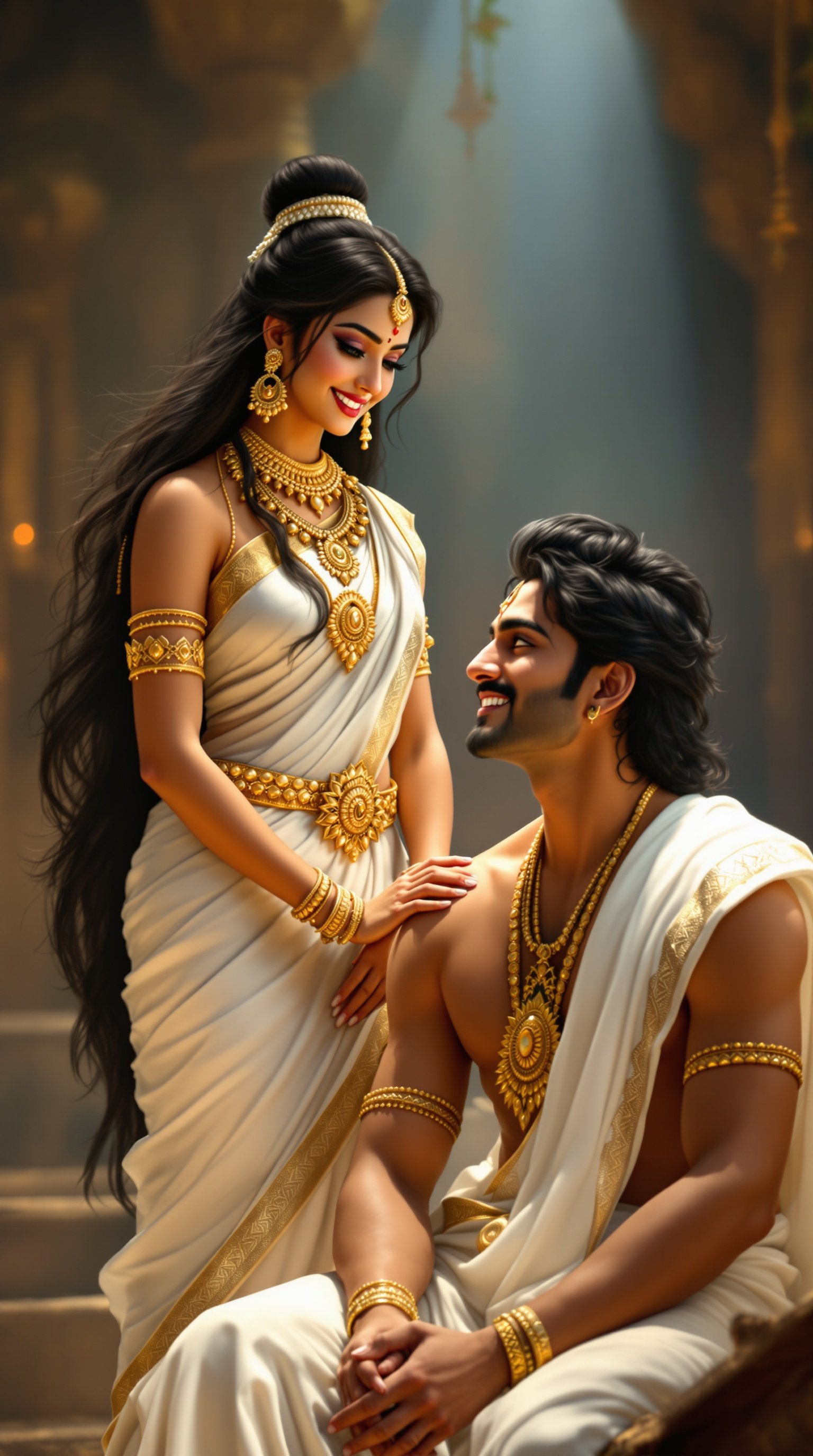 Urvashi stands before Arjuna. Long black hair cascades over her shoulders. Large eyes filled with love and a captivating smile. Dressed in a white saree adorned with golden jewelry. Arjuna sits calmly, hands folded. His face shows a light smile and restraint.