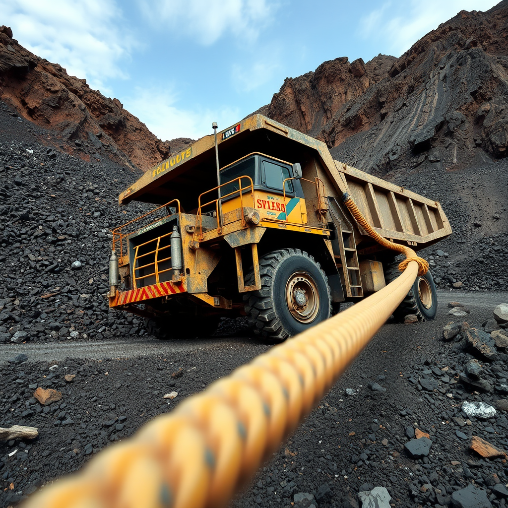 A large yellow truck is parked in a rocky and rugged landscape, connected to a thick rope.