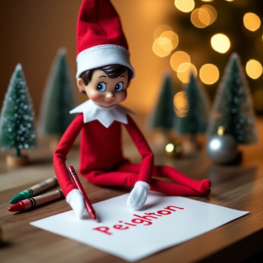 Elf on the shelf writing the name Peighton in crayon. Background has small Christmas trees and lights. Warm cozy atmosphere created by warm lighting.