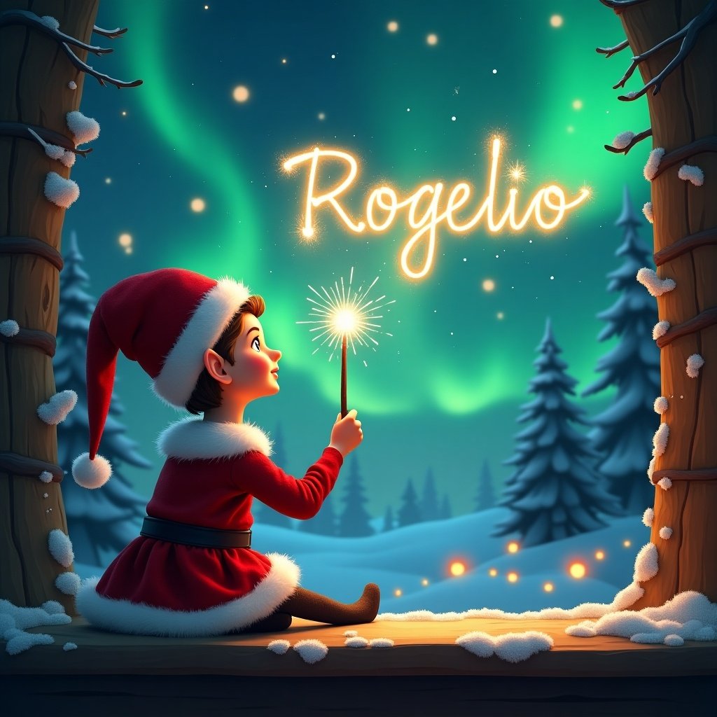 Enchanted Christmas scene with an elf holding a wand. Elf dressed in red and white. Elf writes name Rogelio in glowing script. Background features vibrant northern lights. Magical and whimsical atmosphere evokes holiday joy.