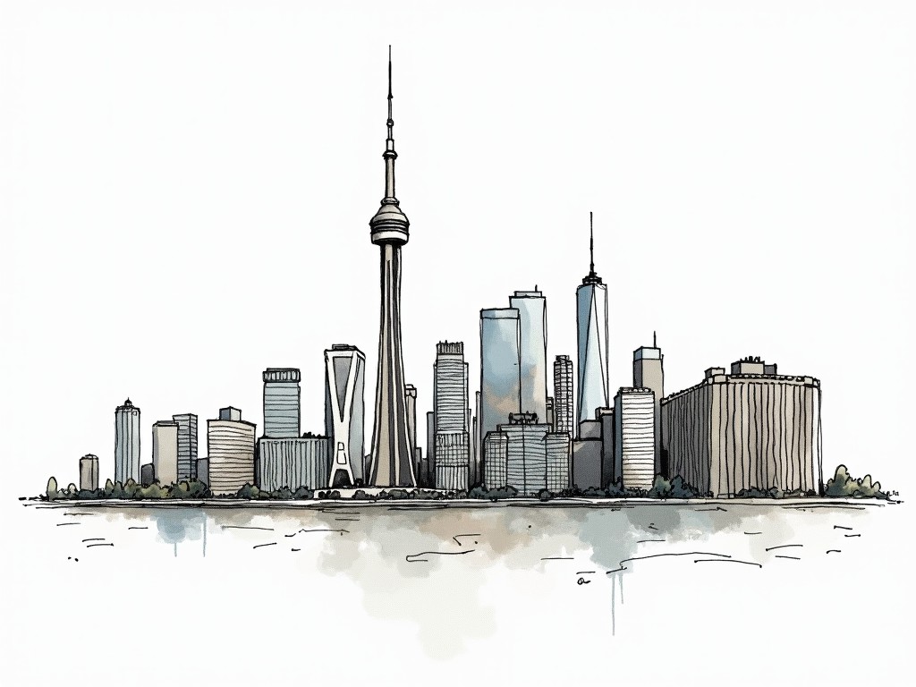 This image is an illustration of a city's skyline reflected over calm water. It features a variety of skyscrapers, including a prominent tower resembling a famous landmark. The skyline is composed of modern architectural styles and is depicted in soft, watercolor-like tones, enhancing its artistic feel. The reflection in the water adds a symmetrical quality to the piece.