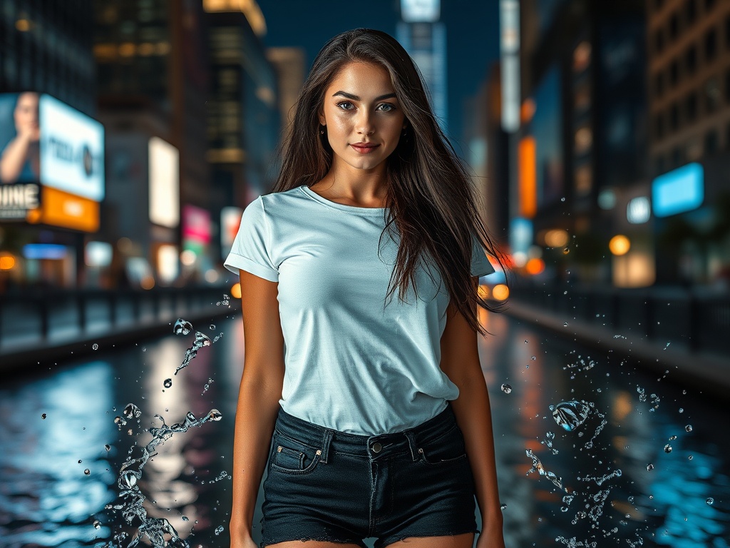 The image features a woman standing confidently in an illuminated urban street setting. She is wearing a white T-shirt and dark shorts, surrounded by dynamic splashes of water that add a sense of motion to the scene. The backdrop is a cityscape at night with bright, blurred lights creating a vibrant atmosphere.