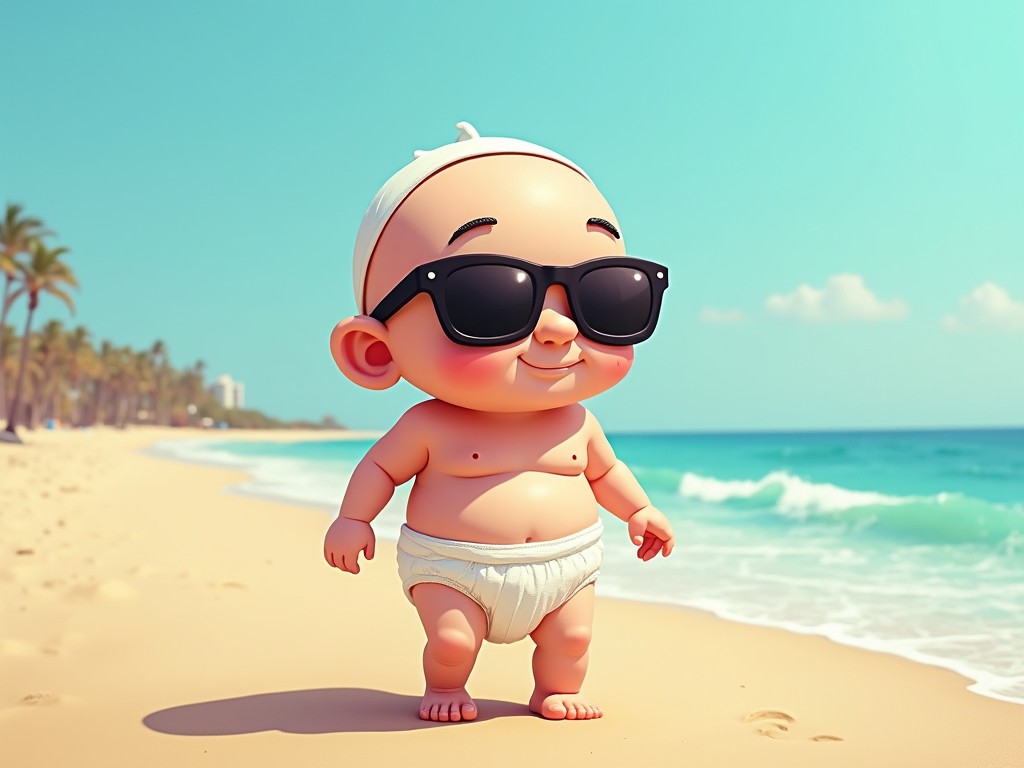 This whimsical illustration features a cartoon-style baby strolling confidently on a sunny beach, wearing large, fashionable sunglasses and a simple diaper. The beach stretches into the distance with gentle waves lapping onto the shore and palm trees dotting the horizon. The vibrant colors and playful composition create a joyful, carefree atmosphere reminiscent of a perfect summer day.