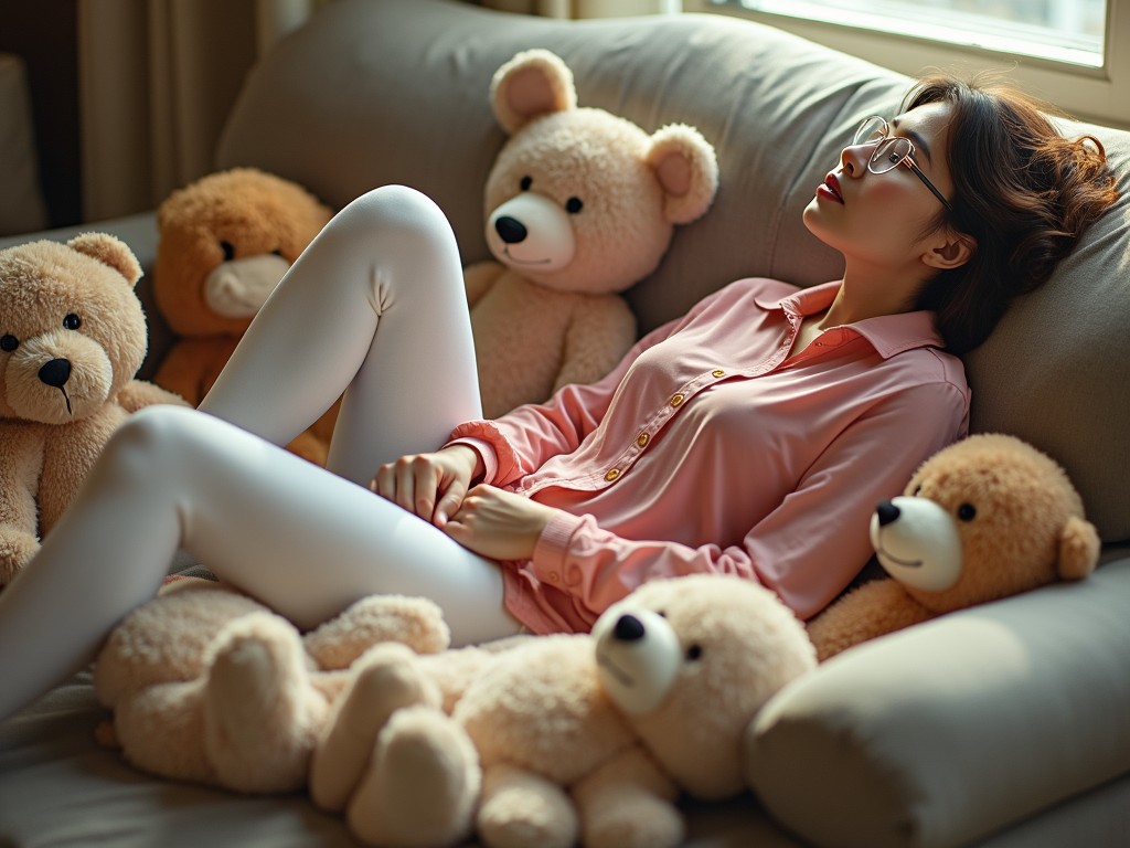 A young woman in a pink shirt and white leggings lying on a sofa surrounded by teddy bears, with soft natural light streaming through a window.