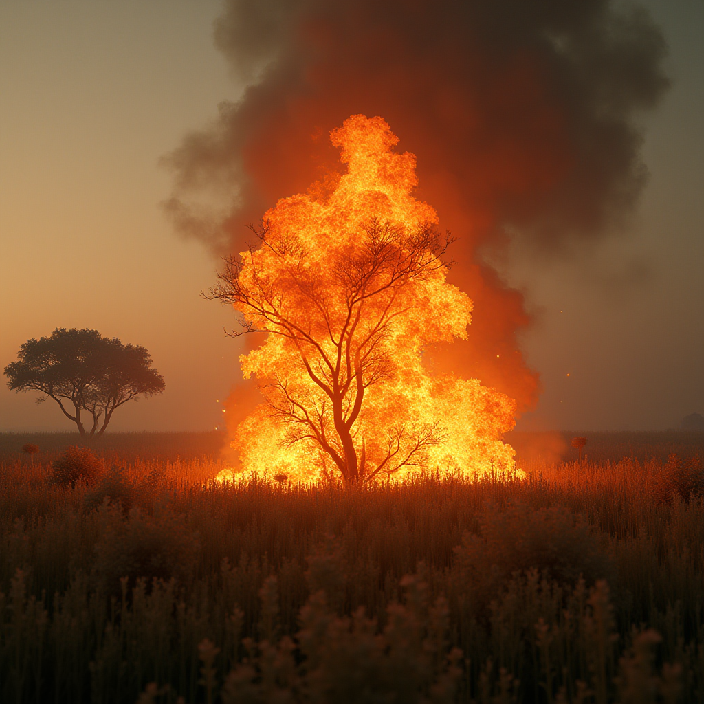 A dramatic scene of a tree engulfed in flames against a dusky sky.