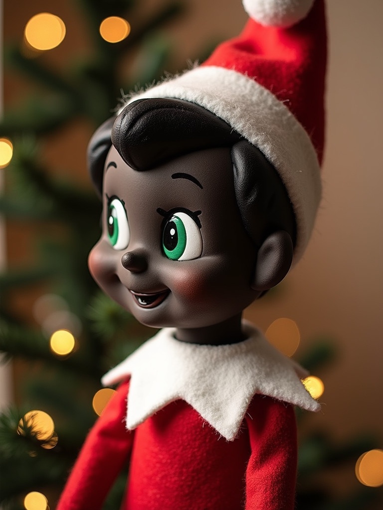 Black Elf on the Shelf wearing a red outfit and hat. Warm lighting behind. Note about making toys for next year.