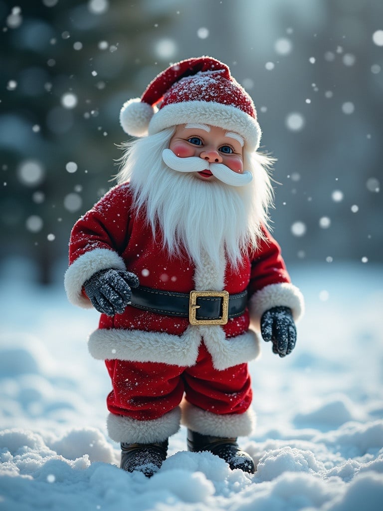 Photo effect highlights a Santa Claus figure. Scene includes snowfall and soft light creating a winter ambiance. Focus on a small Santa in a snow-covered environment.