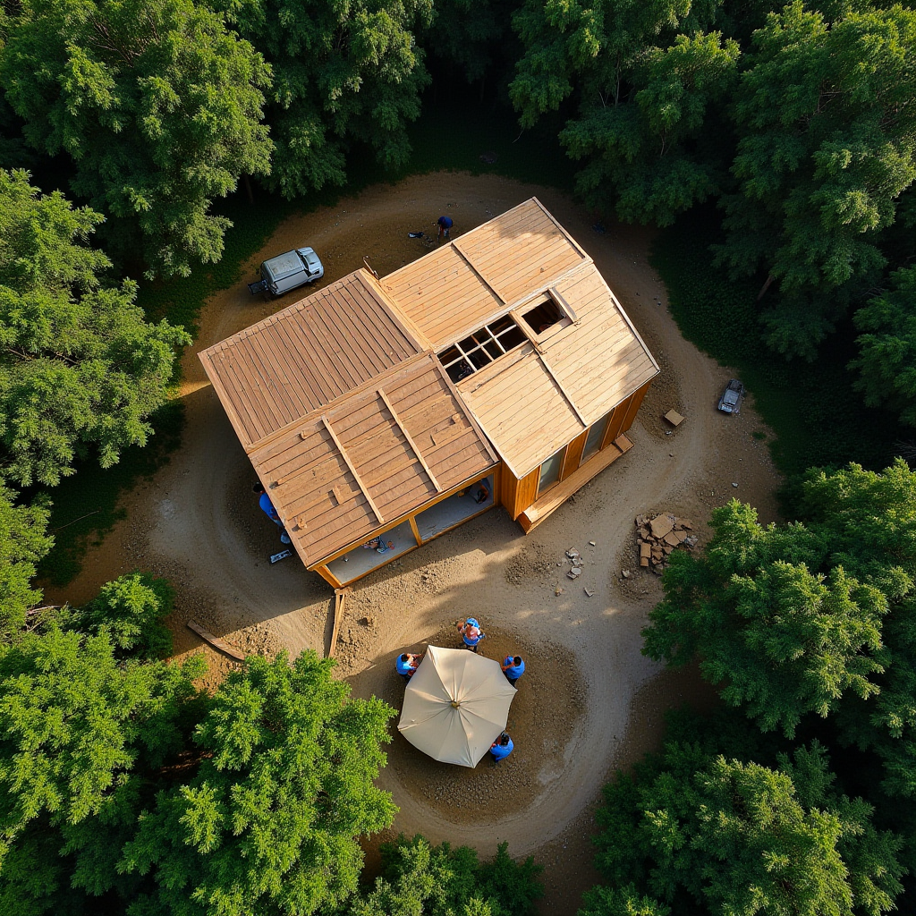 An overhead shot of a partially constructed wooden house surrounded by dense green trees.