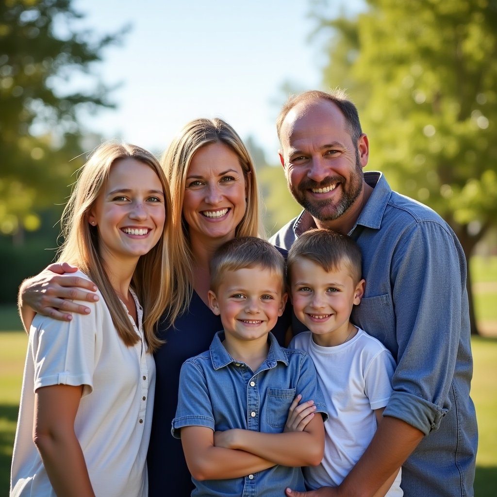 Family poses together outdoors in a park. Smiling faces and warm expressions create a joyful atmosphere. Natural setting with trees in background. People are dressed casually. It's a sunny day.