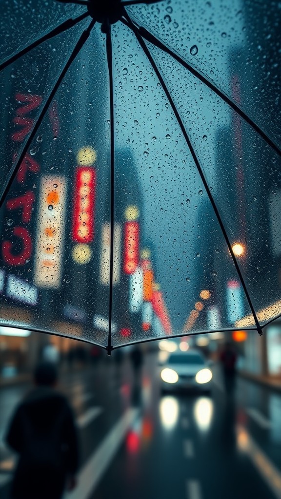 The image captures a rainy city street scene through a water-dropped umbrella with blurred glowing lights in the background.