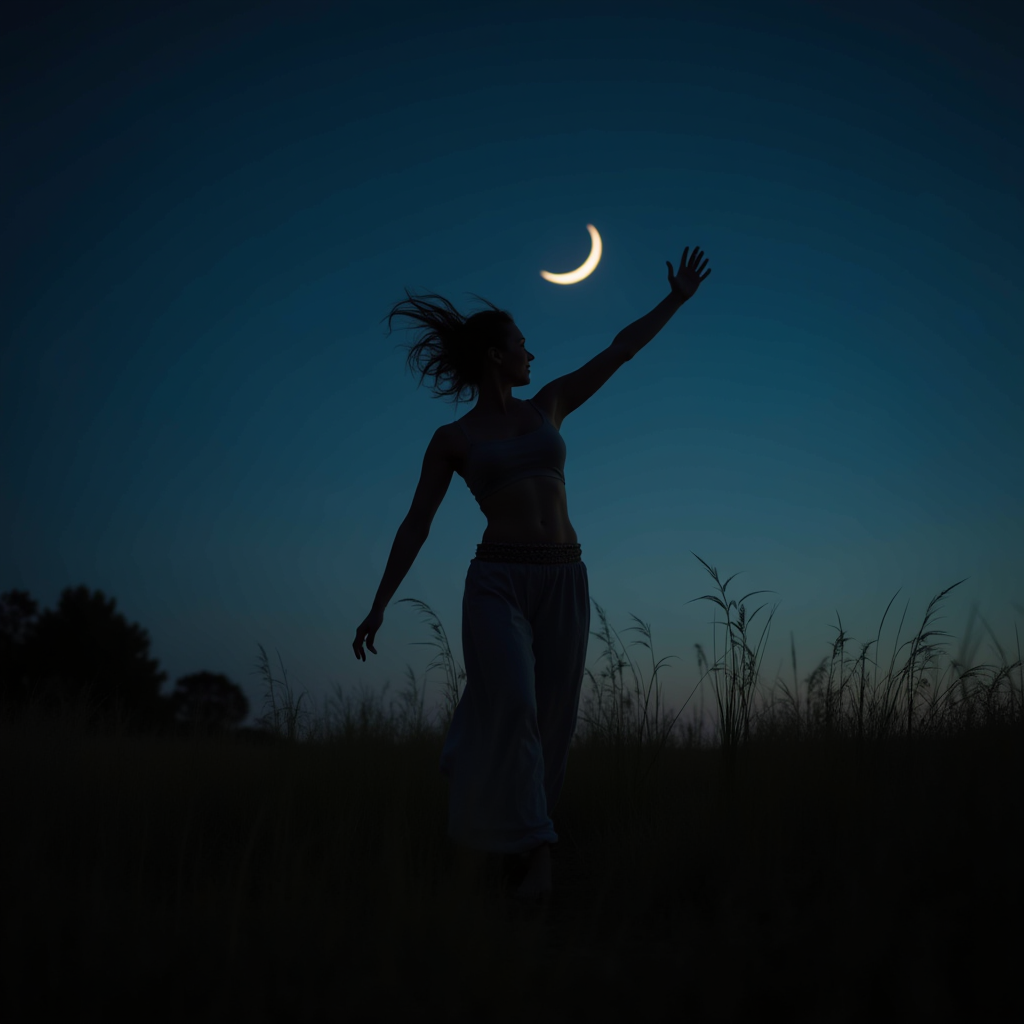 A silhouetted woman reaching towards a crescent moon against a twilight sky in an open field.