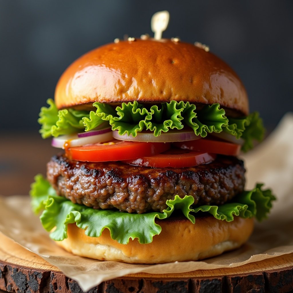 Close-up image of a gourmet chimichurri burger. The burger includes a juicy patty, fresh lettuce, sliced tomatoes, red onions, and is topped with chimichurri sauce. It sits on a wooden board with a neutral background.