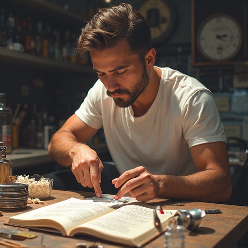 Image of a person engaged in content creation. Focus on hands holding an open book. Workspace includes tools like a pen and measuring device. Warm lighting creates a creative atmosphere. Person appears thoughtful and focused on content.