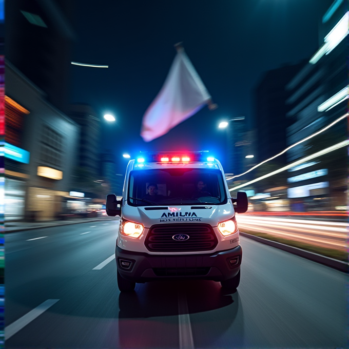 An ambulance with flashing lights speeds through a city street at night.