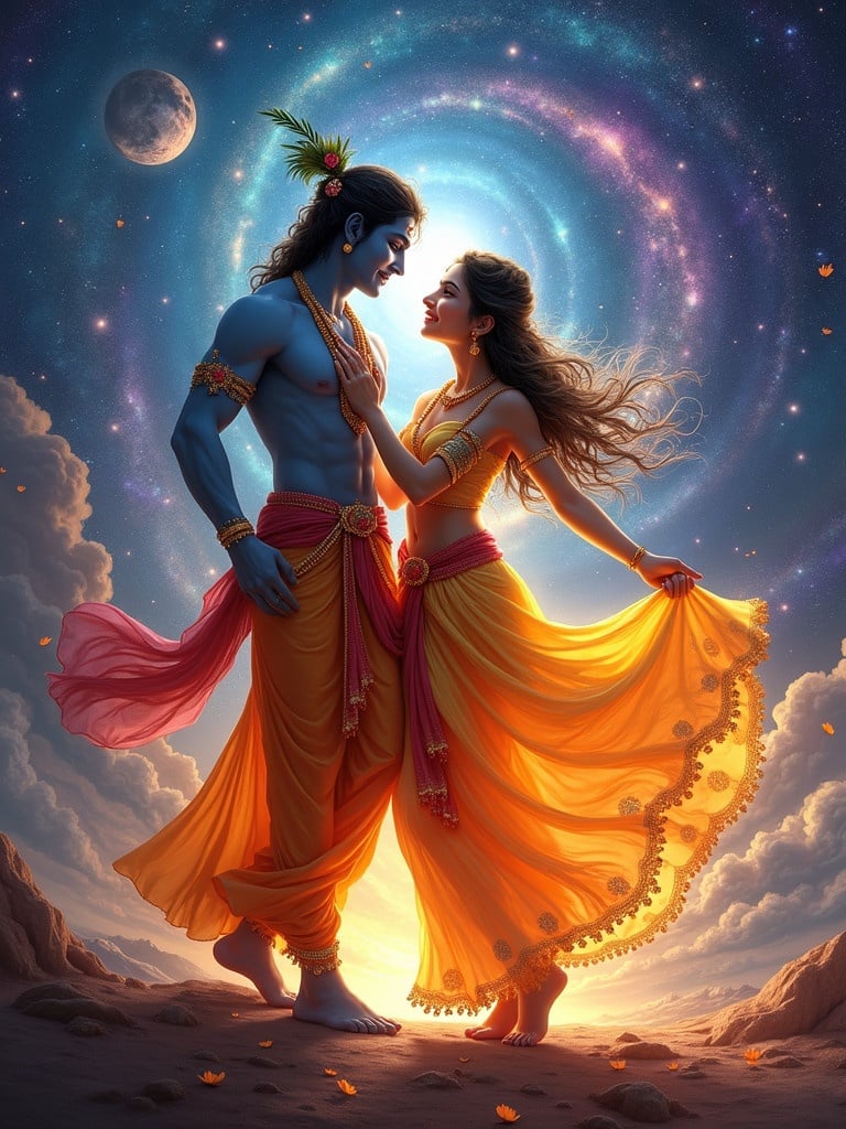 A radiant scene depicting Radha and Krishna in a cosmic setting. They are embracing, embodying love. Surrounding them are swirling galaxies and vibrant colors. Their connection radiates light, making the universe feel alive. The atmosphere is mystical and enchanting. The background reveals the cosmos.