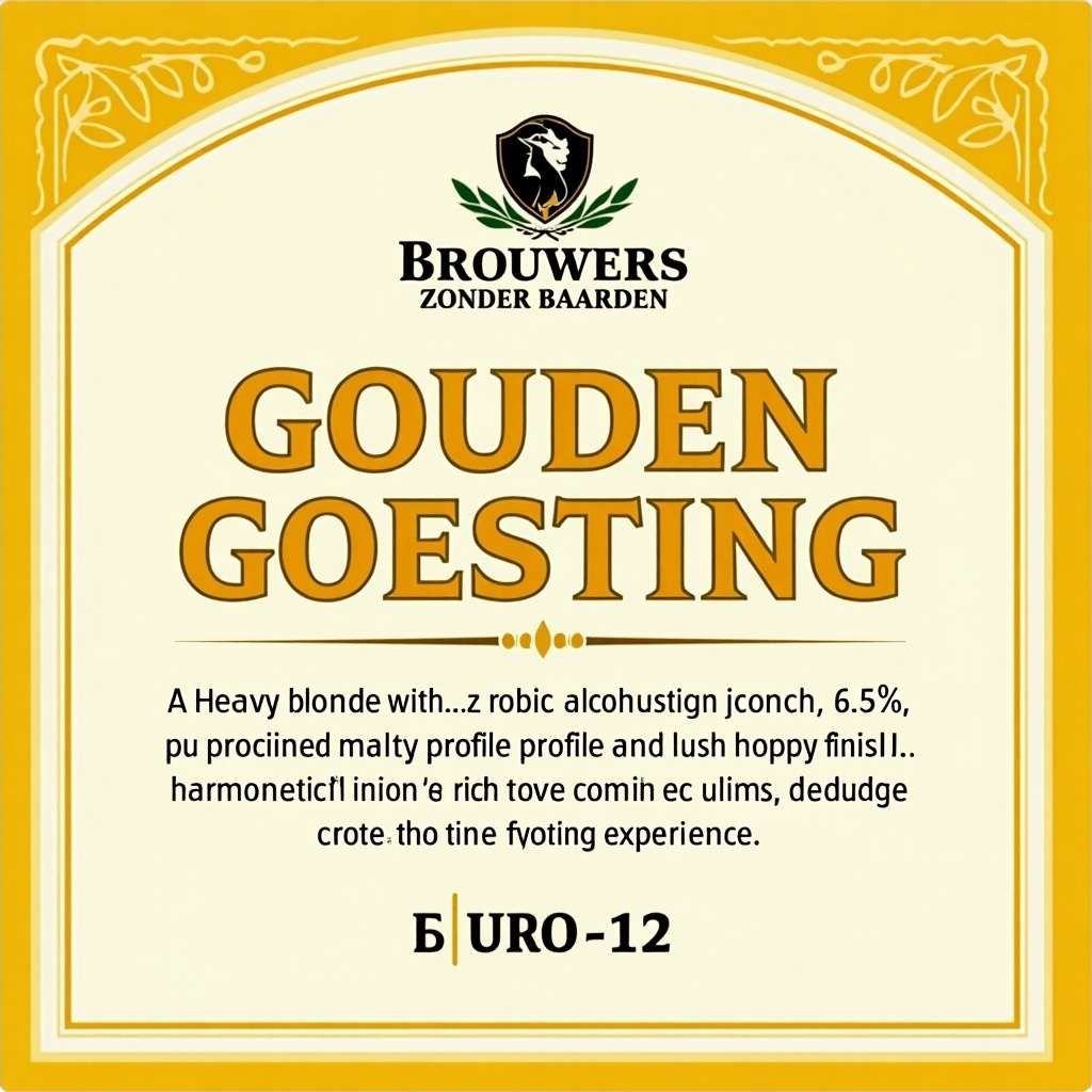 Label design for a blonde beer with name Gouden Goesting. Brewery is Brouwers zonder baarden. Descriptive text about flavor and alcohol content.