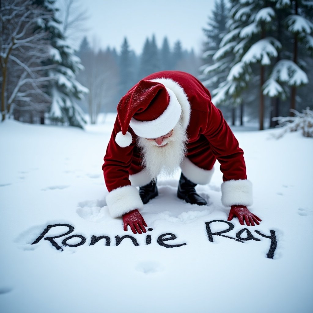 Santa Claus in red suit kneeling in snow. Writing Ronnie Ray with red gloves. Snowy forest background. Winter scene evokes holiday spirit.