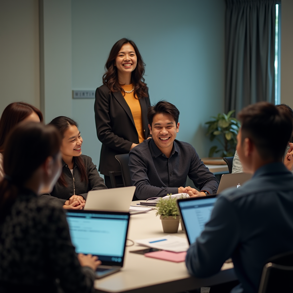 A group of people smiling and talking around a table with laptops during a meeting.