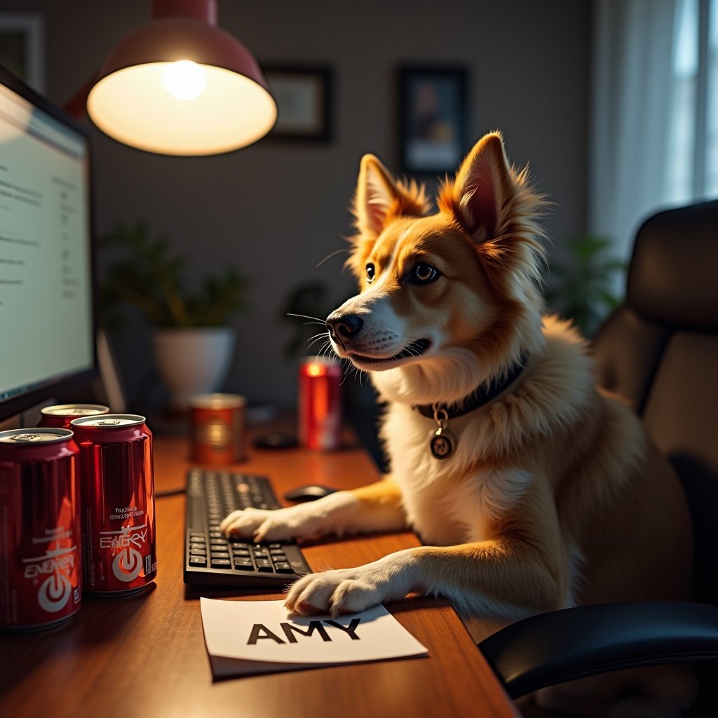 A dog sitting at a computer desk. Three cans of energy drinks. A sign saying AMY is on the desk.