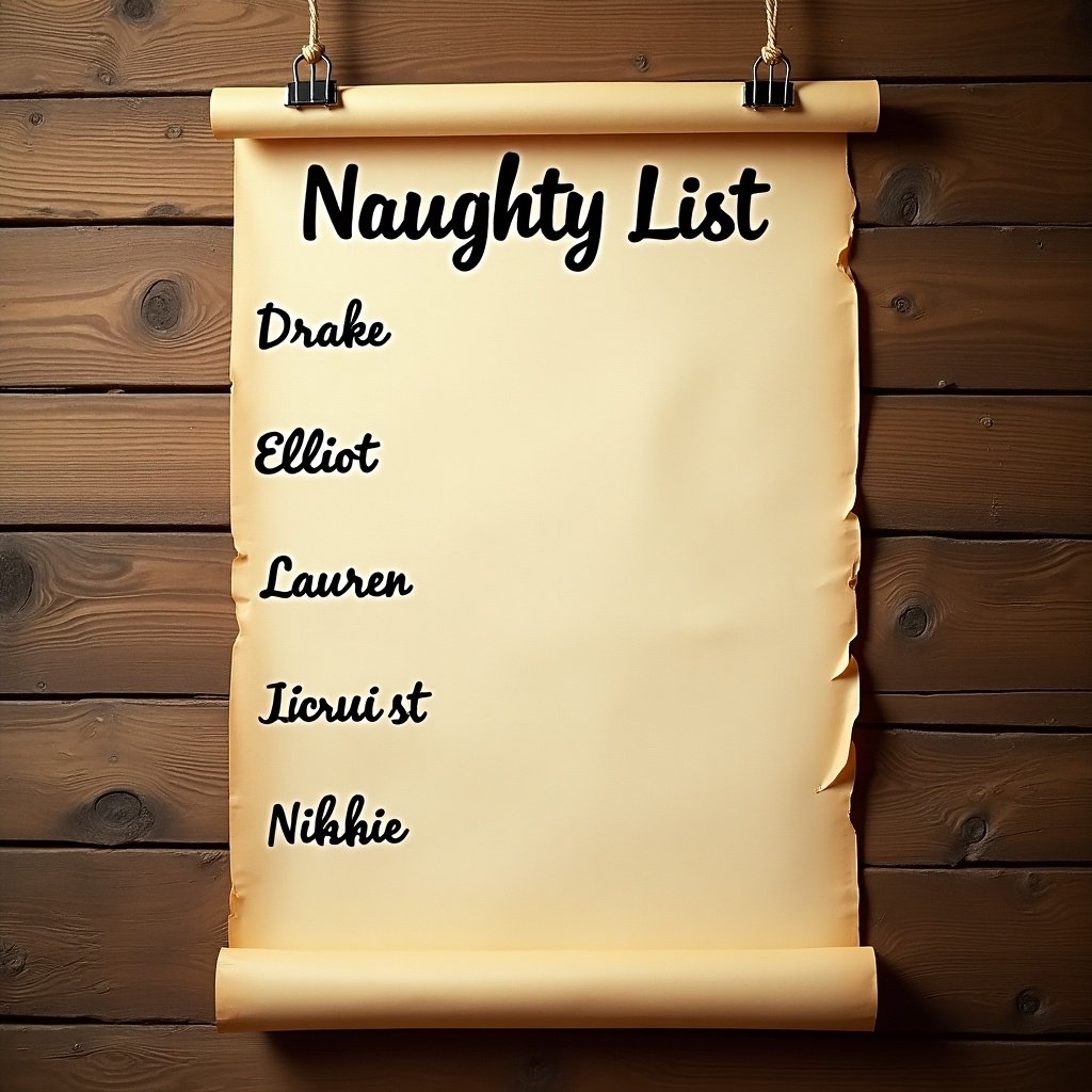 Parchment paper titled Naughty List. List includes names like Drake, Elliot, Lauren, Nikkie with empty spaces. Vintage vibe. Wooden background enhances holiday spirit.