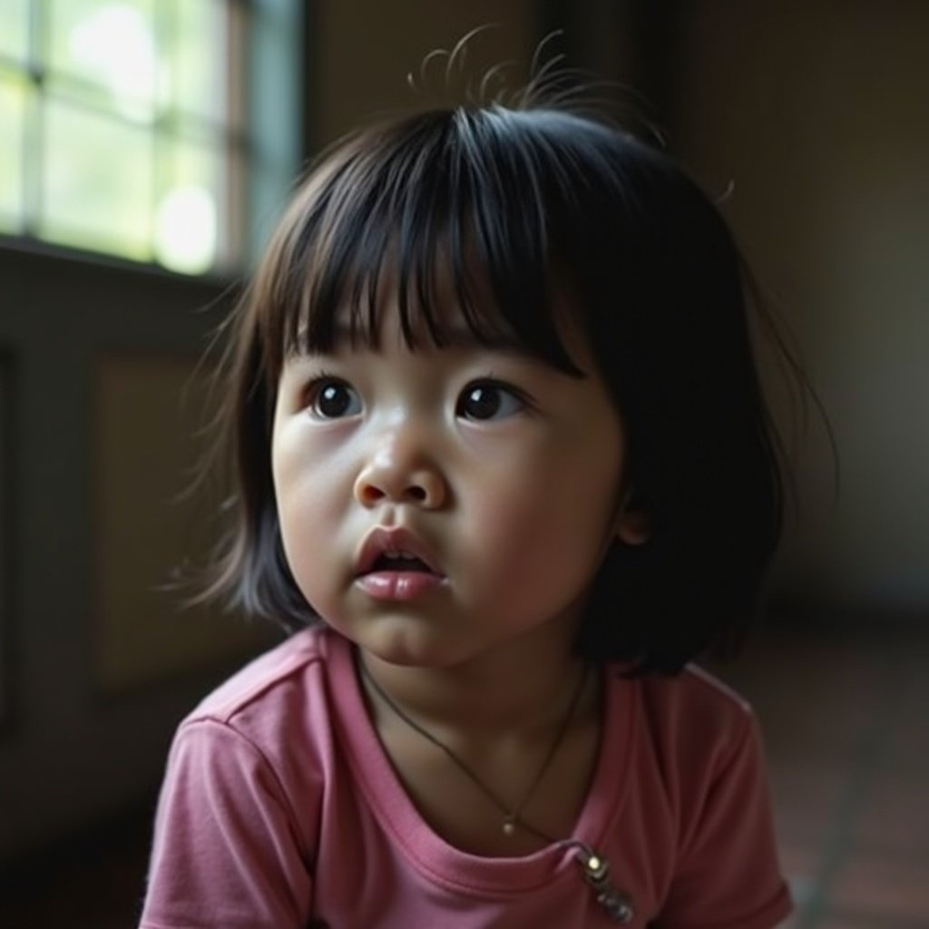 Portrait of a sad little girl with short hair indoors. Natural light coming through the window. Observing her intersested yet sad expressions. Wearing a soft pink shirt.