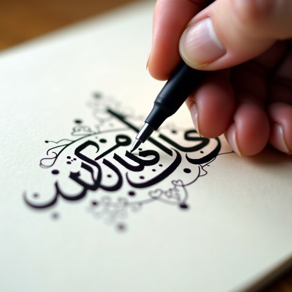 Close-up view of hand using pen to write Arabic calligraphy. Bold black ink on white paper. Hand is steady and focused on letters. Designs surround the main calligraphy. Soft lighting enhances the strokes.