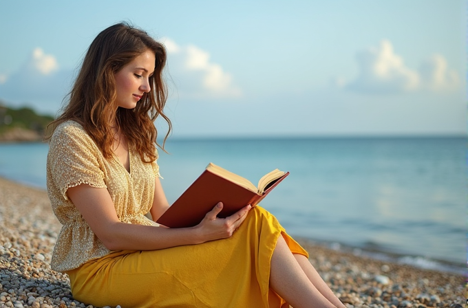 A woman in a yellow dress reads a book while sitting on a pebbled beach by the calm sea.