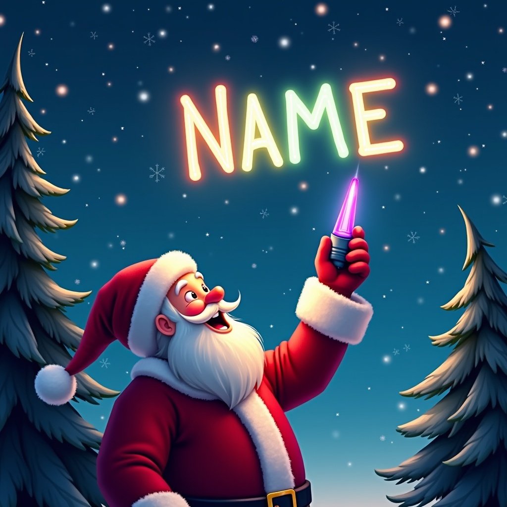 Beautiful Christmas scene. Santa Claus joyfully writing in the night sky. Colorful glow pen. Happy expression. Soft winter colors. Twinkling stars. Illuminated text. Pine trees frame scene.