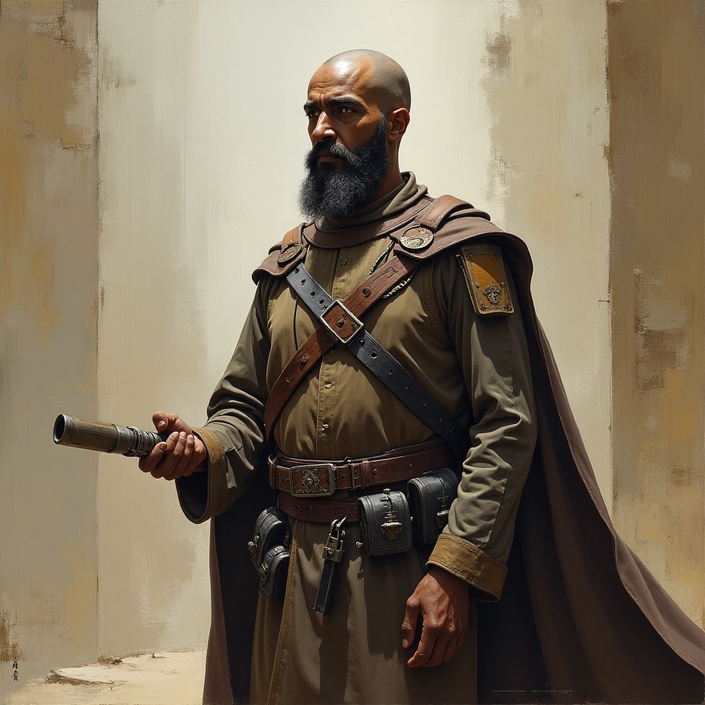 A mysterious warrior stands confidently with a blaster. The figure is clad in tactical attire featuring a cape. The background is softly lit, creating a dramatic affect. The character has a strong, commanding presence.