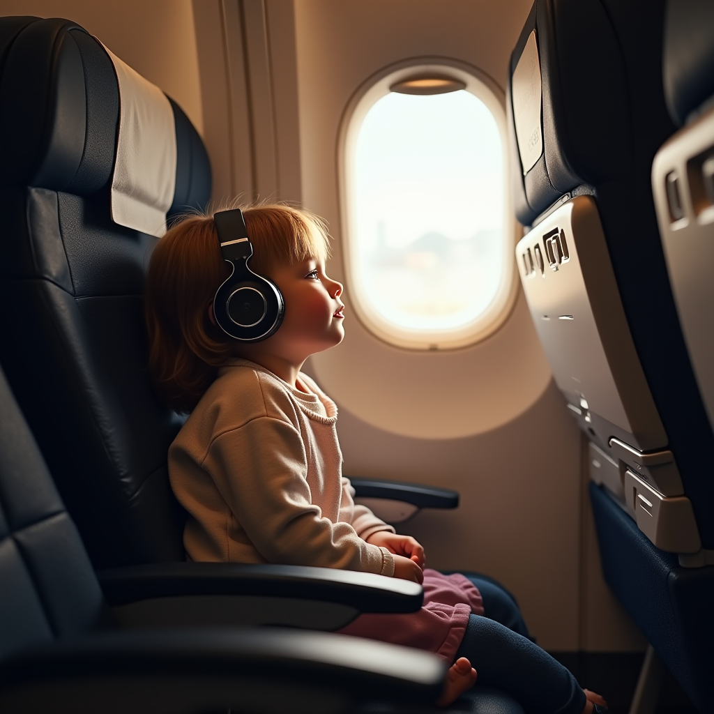 A young child with headphones stares out of an airplane window while sitting on a seat.