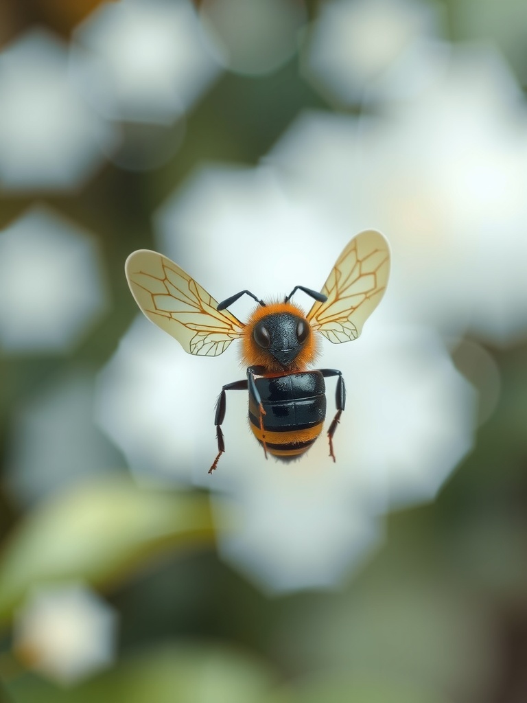 This image captures a stunning close-up of a bumblebee in mid-flight, set against a backdrop of softly blurred white flowers. The vibrant orange and black bands of the bee's body contrast beautifully with its delicate, translucent wings, which catch the light in a way that highlights their intricate veins. The soft focus background and natural lighting enhance the ethereal quality of the scene, evoking a sense of serenity and wonder.