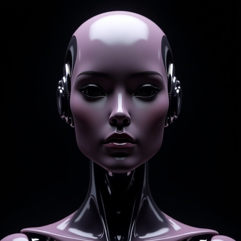 A glamorous humanoid robot design. Half human half robot aesthetic. Set against a black background. Beautiful and luxurious visual appeal. Features deep purple, silver, and black tones. Front view with a focus on the head.