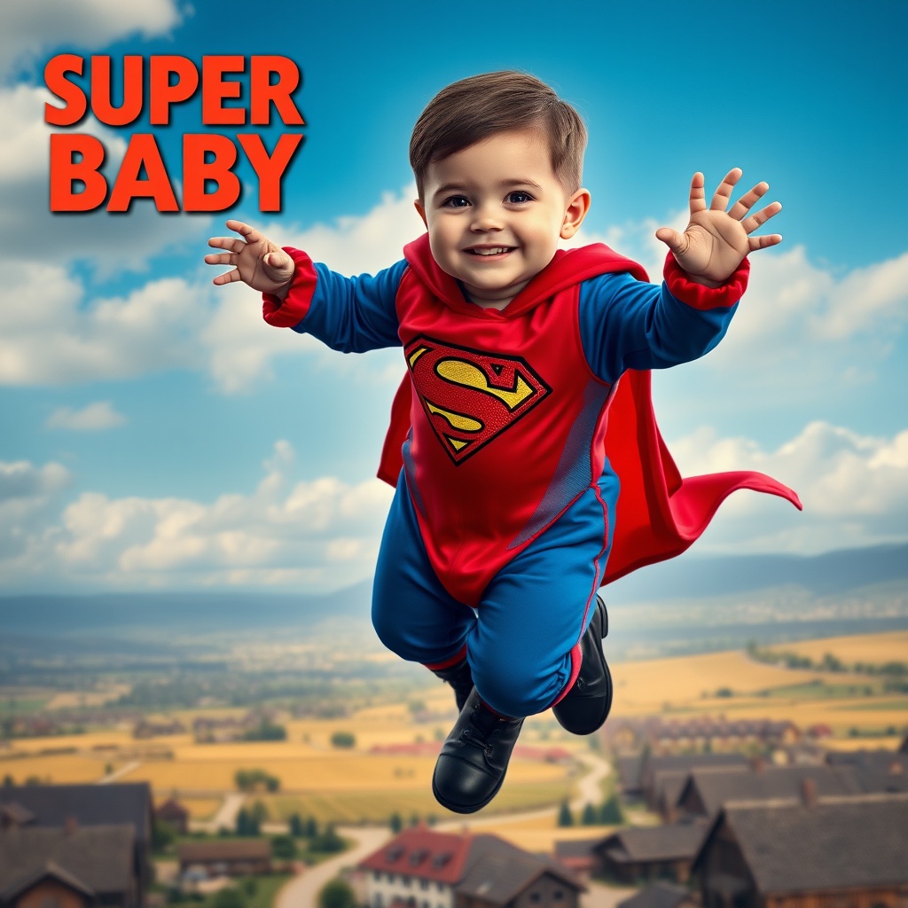 A smiling baby dressed as a superhero, flying joyfully over a rural landscape with the text 'Super Baby' above.