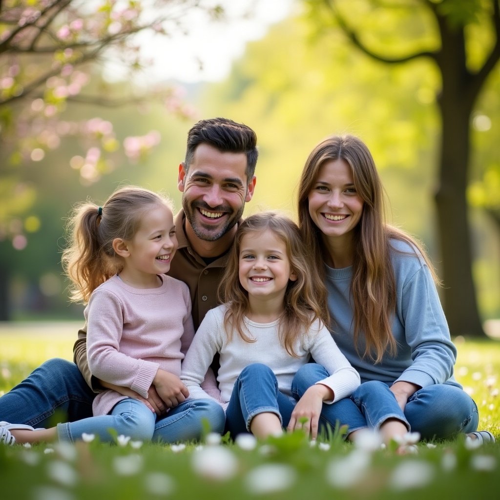 Family members sitting together in a park during spring. Green grass and blooming flowers create a serene atmosphere. Soft sunlight enhances the warm moment.