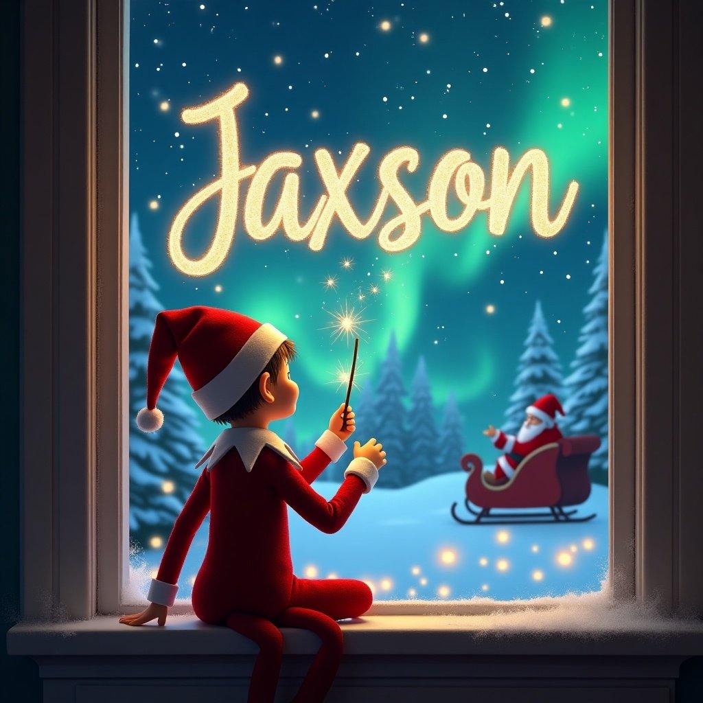 The image showcases a Christmas elf sitting on a window ledge with his back turned. He gazes up at the night sky, using a wand to inscribe the name 'Jaxson' in sparkling letters. The background is filled with a whimsical Christmas scene featuring twinkling stars and vibrant northern lights. In the distance, Santa Claus is seen riding a sleigh, enhancing the festive theme. Dressed in a traditional red outfit and a pointed hat, the elf embodies the joyful essence of the holiday season, holding his wand in a magical pose.