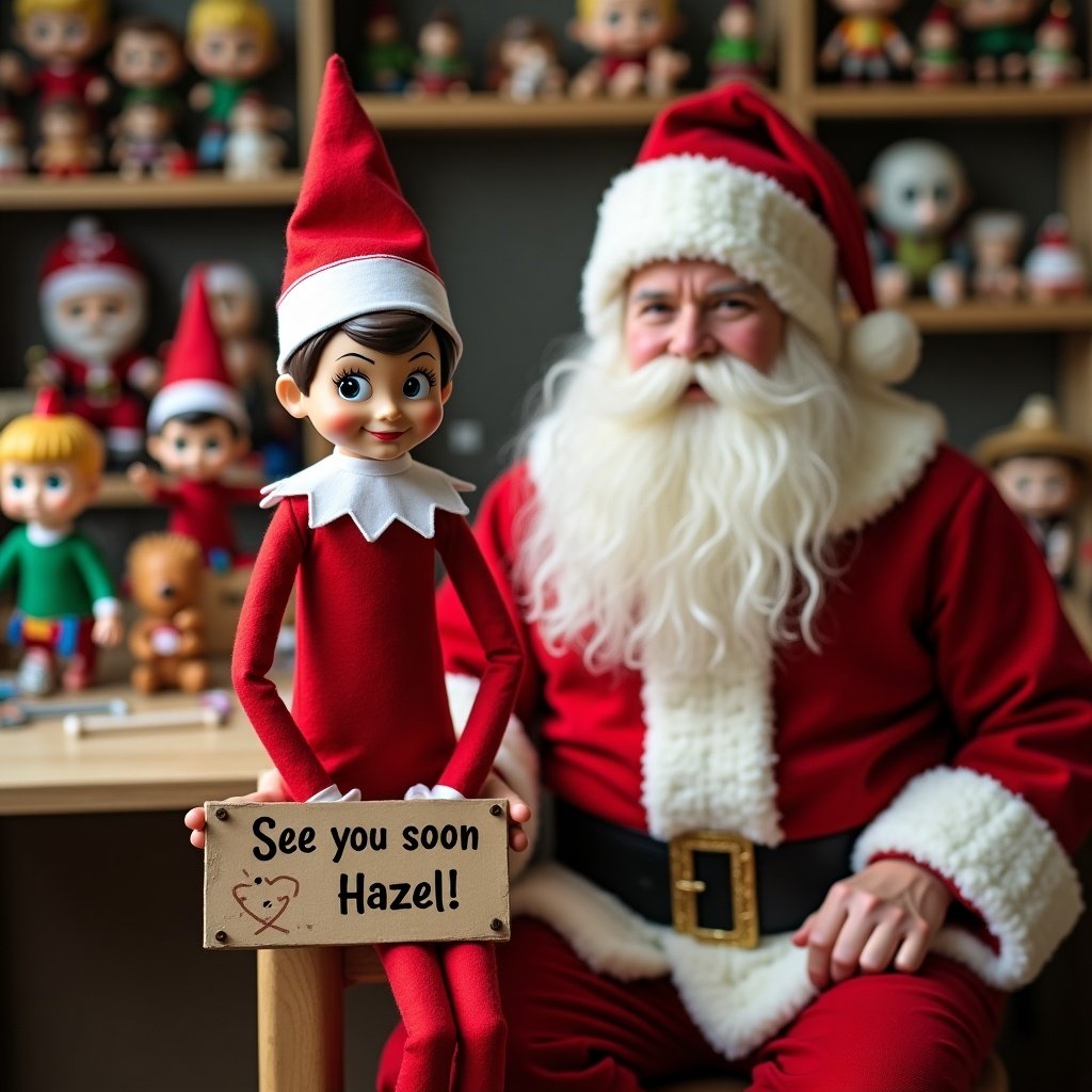 Elf on the shelf in a red outfit holding a sign saying ‘See you soon Hazel!’ with Santa Claus in a toy workshop filled with Funko Pops.