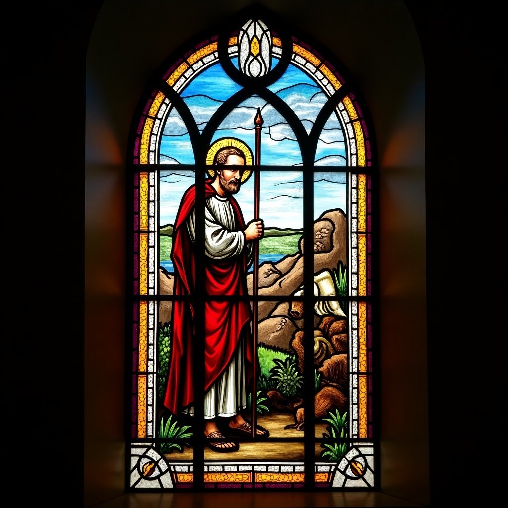 Church stained glass window depicting a missionary with a staff standing in a natural setting. The window features colorful and intricate designs with a serene background.