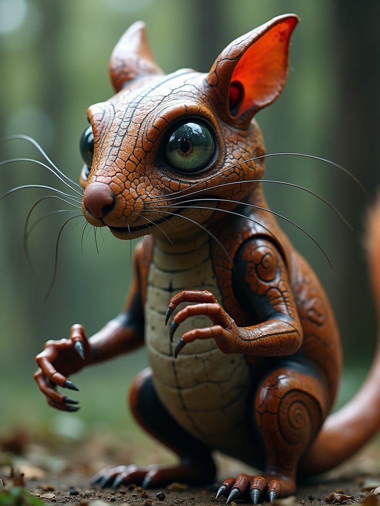 A creature blending elements of a serpent and a squirrel. Features mechanical features and an intricate design. The creature has large, expressive eyes and a playful yet eerie appearance. The environment is a forest, enhancing the creature's otherworldly nature.