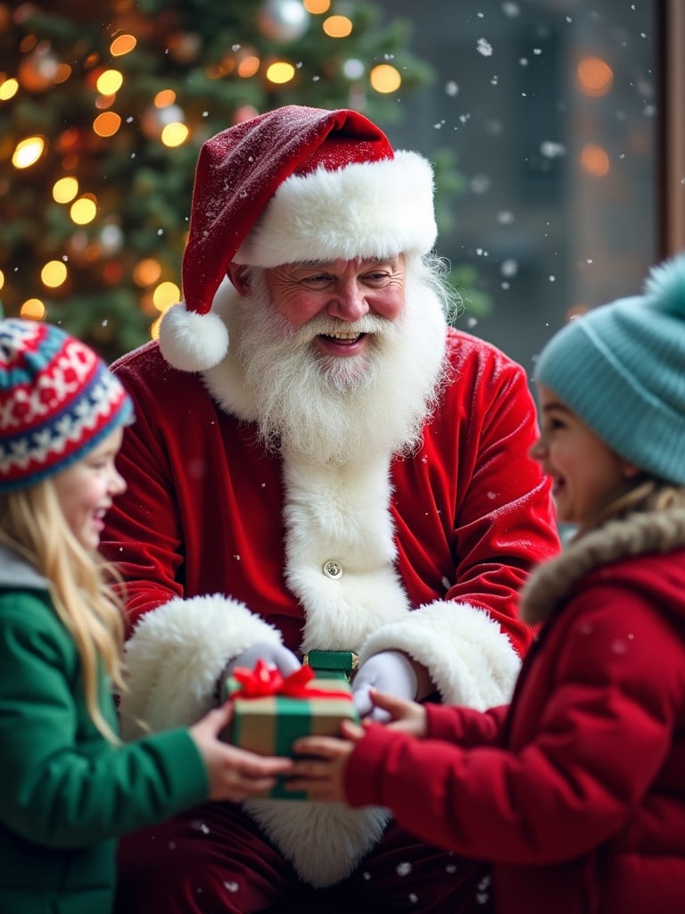 Santa Claus in traditional red suit surrounded by children. Kids excitedly receive gifts. Background adorned with Christmas lights and decorations. Snowflakes falling, enhancing the holiday scene.