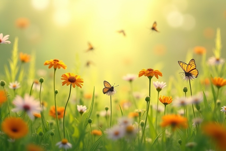 A vibrant grass field filled with wildflowers with fluttering butterflies. Bees with delicate wings sip nectar from flowers. The image shows a shallow depth of field focusing on the sharp foreground. Background fades softly into a blur of color. Light is soft and diffused for a dreamy atmosphere.