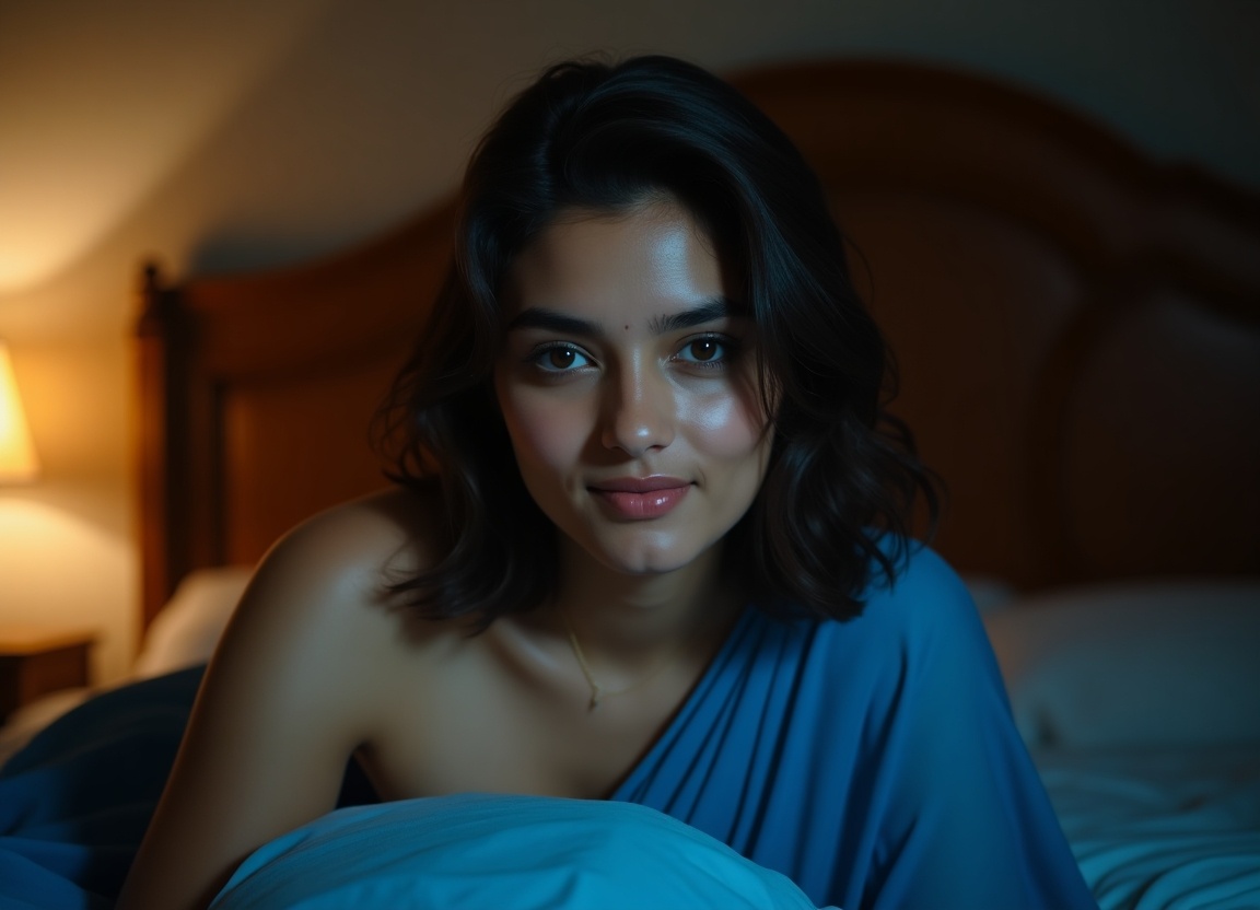 A beautiful and gorgeous 21-year-old girl from Mumbai is seen in her bedroom wearing a blue saree. She appears to have just woken up, showcasing her fair skin and natural beauty without makeup. The soft light in the room creates a warm, inviting atmosphere. She sits comfortably on her bed with a gentle smile, exuding an aura of calm and serenity. The setting is intimate, highlighting her personal space and relaxed demeanor.